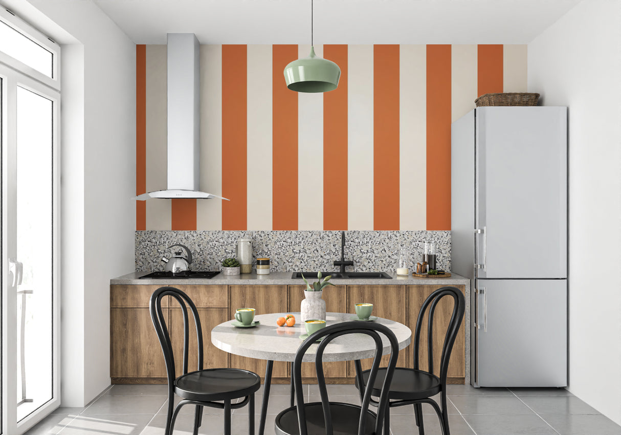 Children's playroom with cheerful orange stripe wall design making the space feel larger