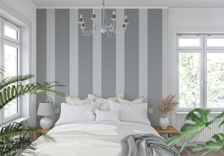 Grey striped wallpaper in modern living room creating an elegant, spacious atmosphere