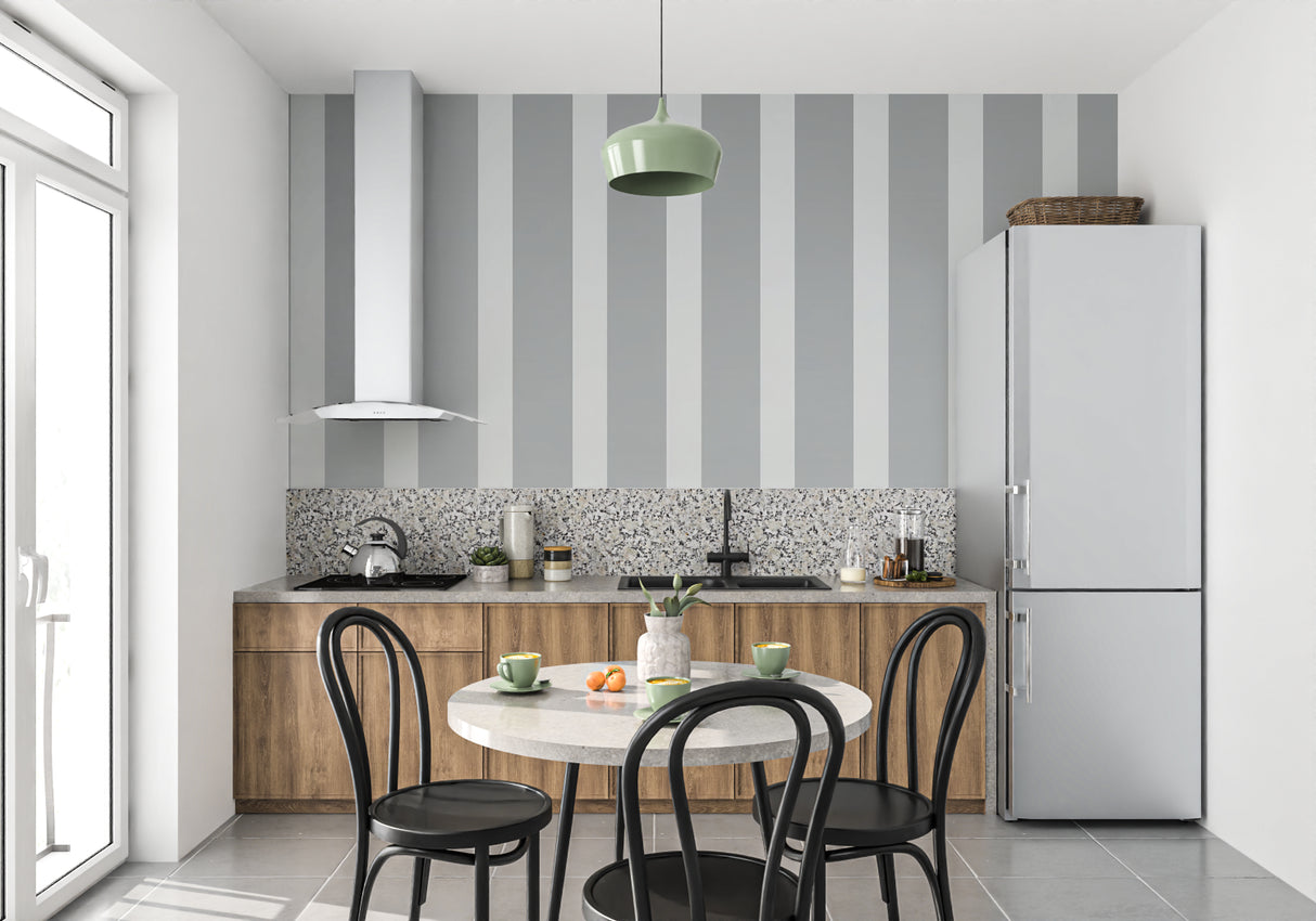 Classic grey and white striped wallpaper in home office showing vertical lines