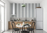 Classic grey and white striped wallpaper in home office showing vertical lines