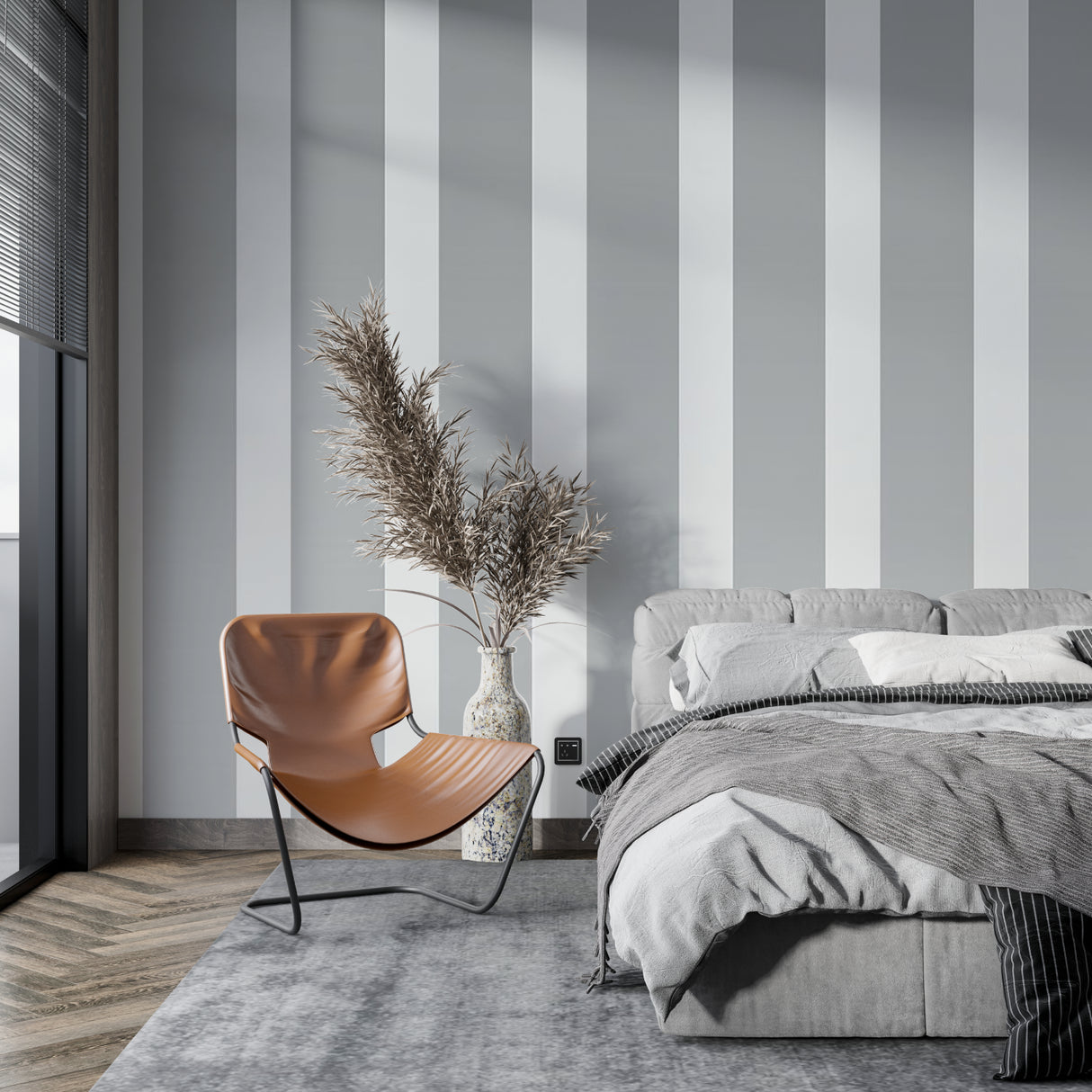 Striped grey wallpaper in dining room with natural lighting