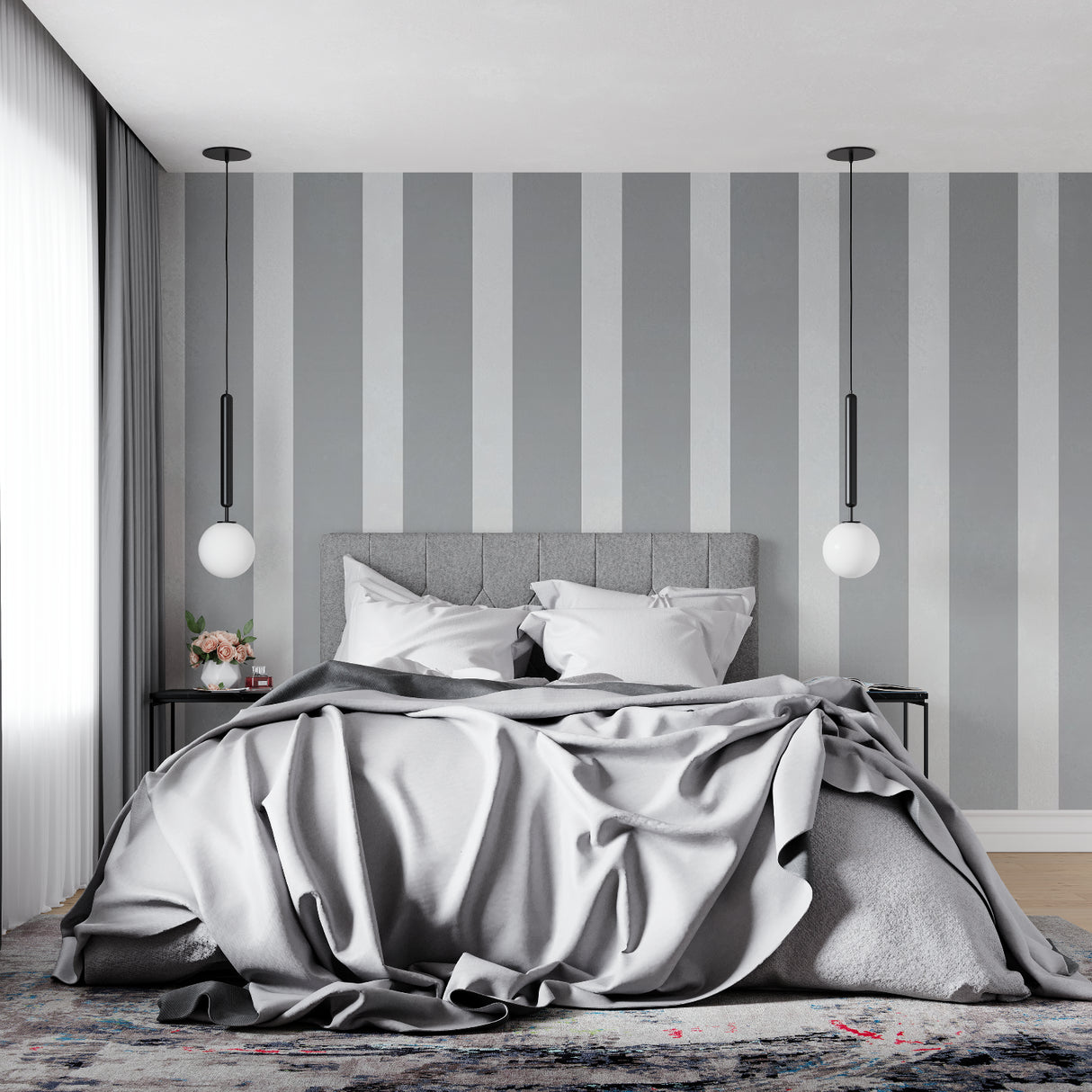 Grey striped wallpaper accent wall in minimalist hallway