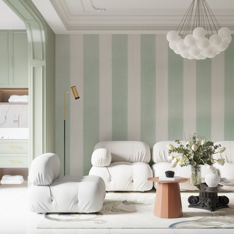 Mint green striped wallpaper in modern living room creating an airy, open feel