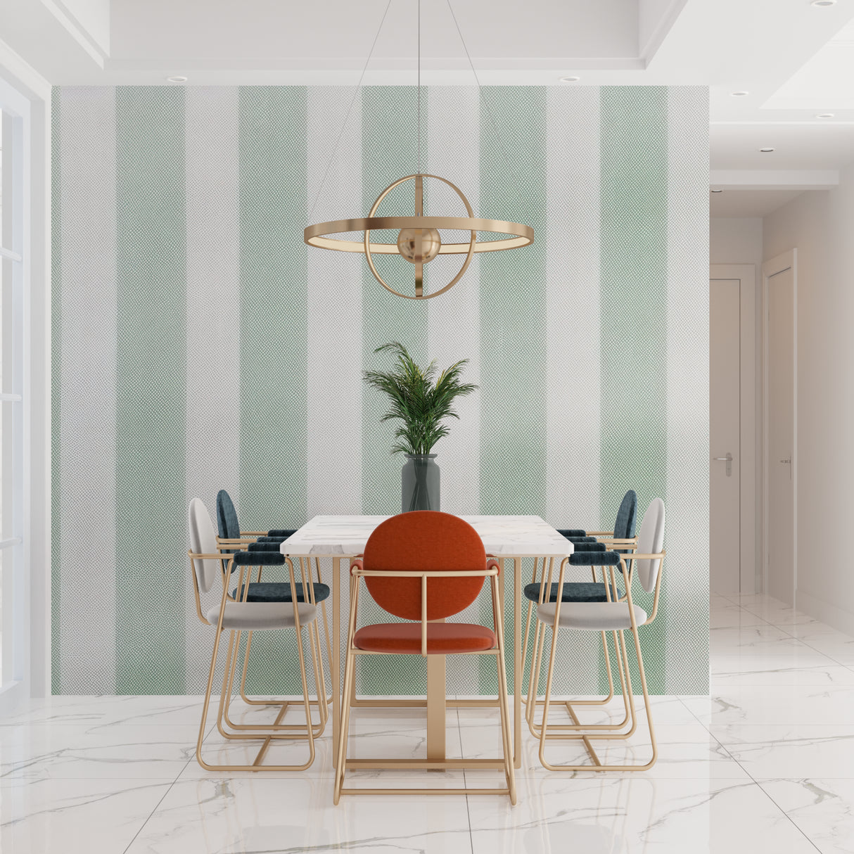 Striped mint wallpaper in bedroom showing pattern scale and light reflection