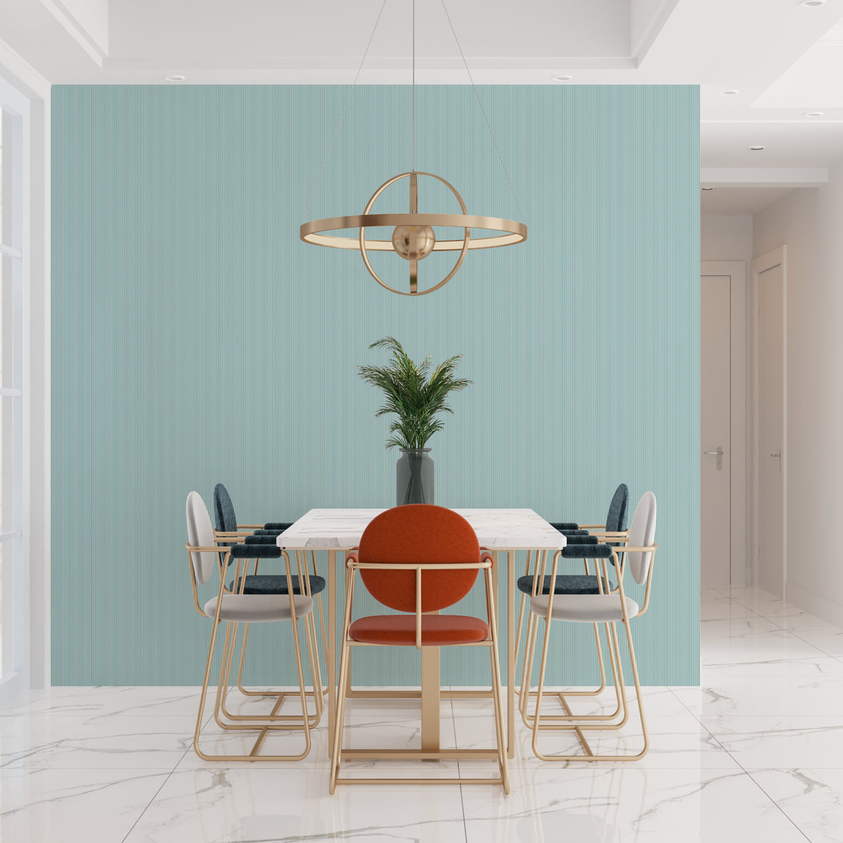 Striped mint green wallpaper bringing fresh energy to a bright dining room