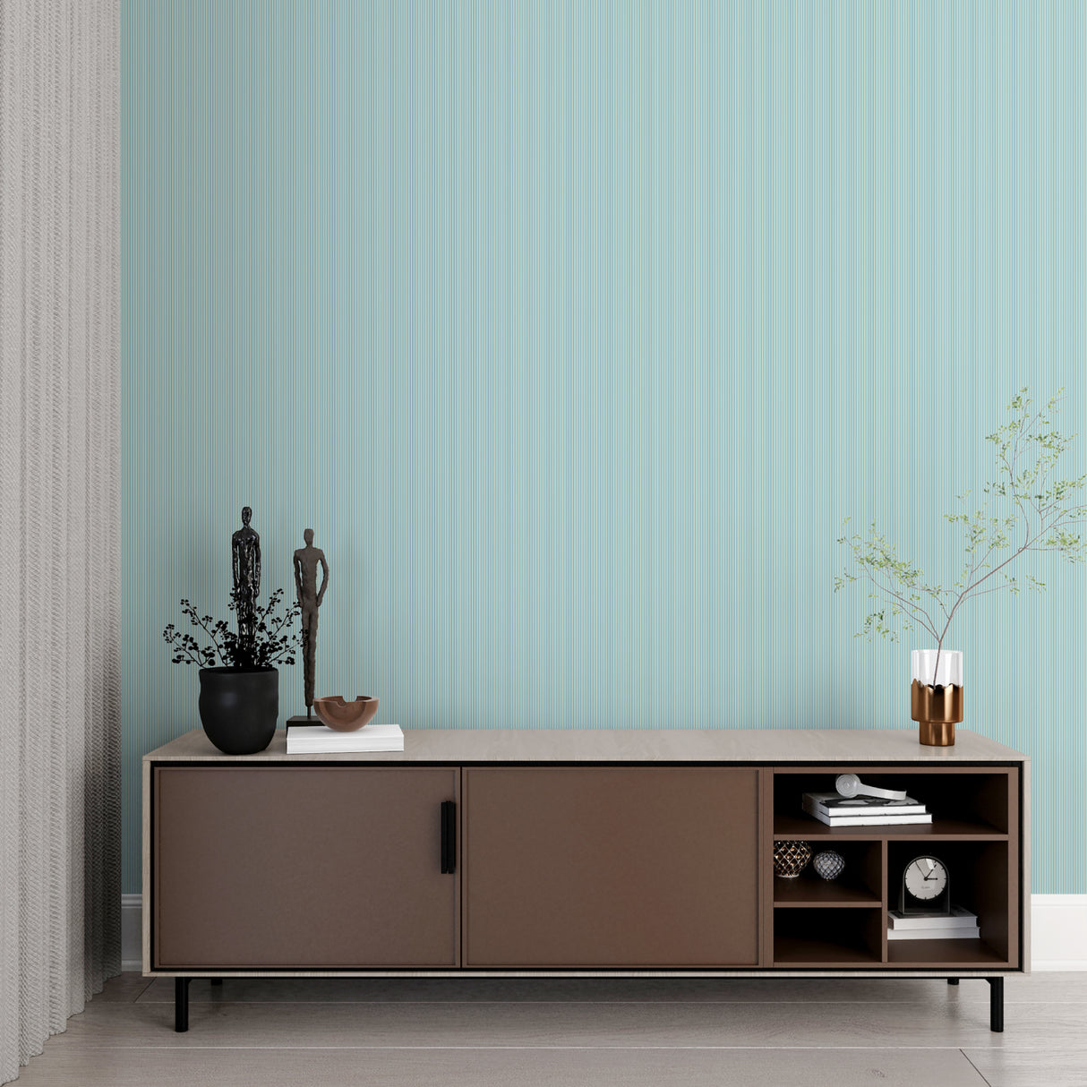 Mint green vertical stripe wallpaper making a bedroom feel calm and organized