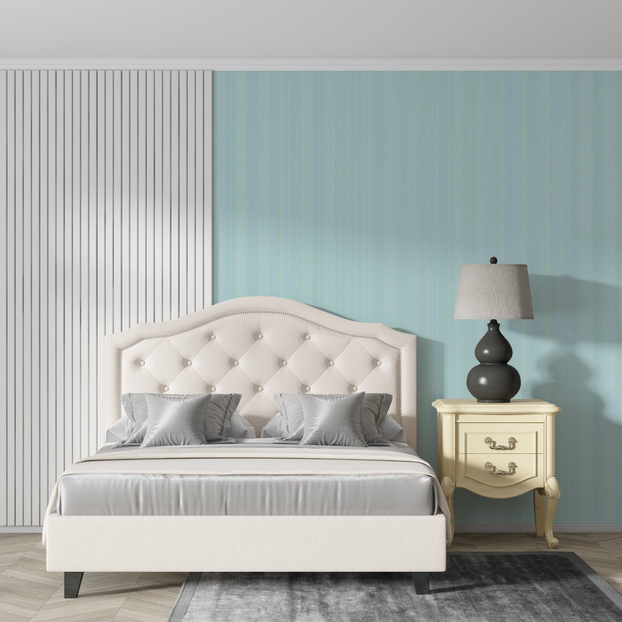 Green striped wallpaper adding visual height to a contemporary hallway