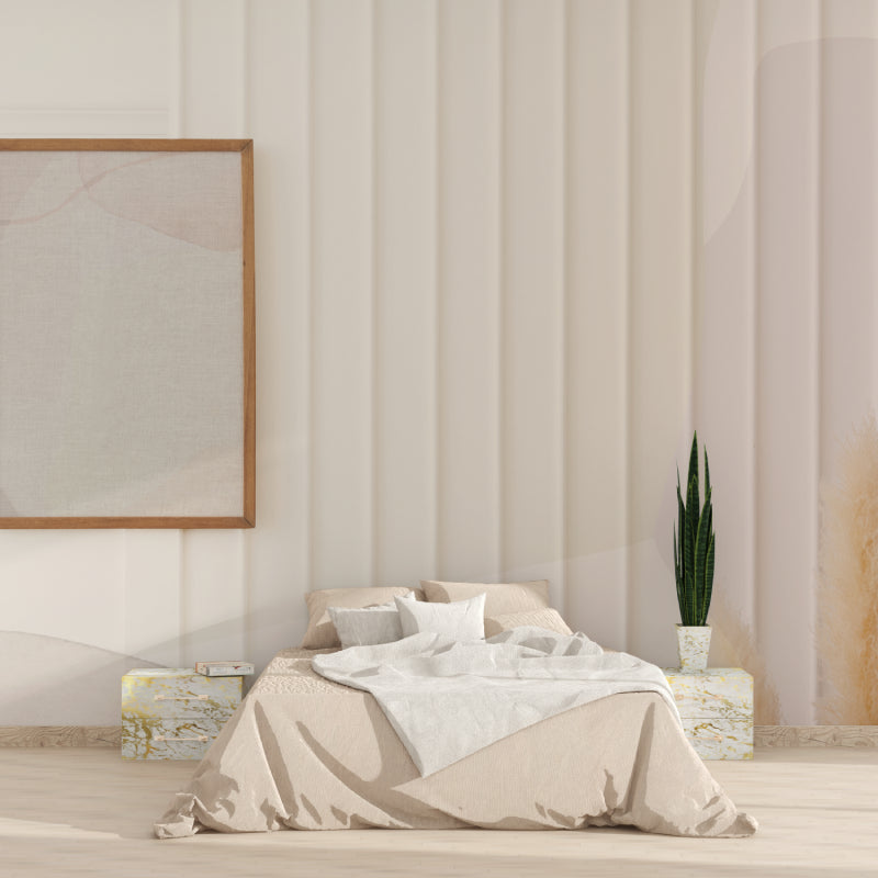 Linear stripe wallpaper in master bedroom showcasing soft beige tones