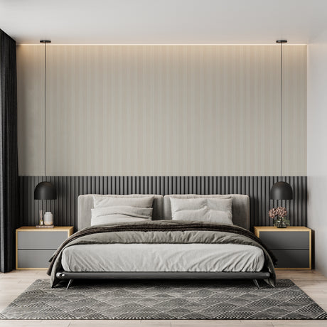 Modern striped wallpaper in beige creating an elegant backdrop in a minimalist living room