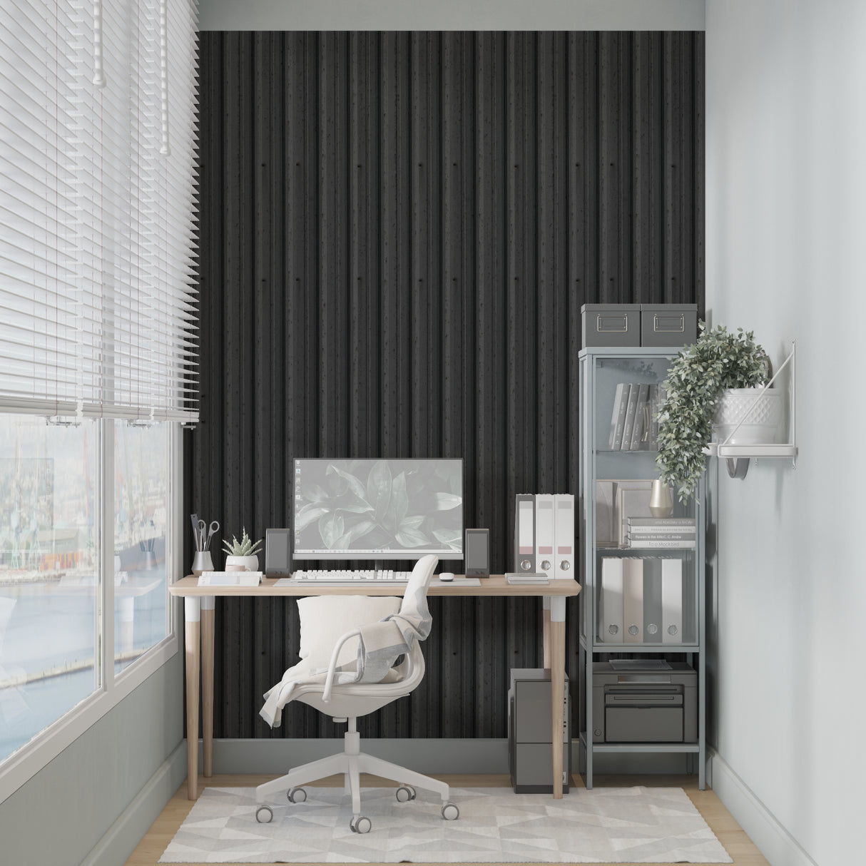 Industrial stripe wallpaper creating height in contemporary home office