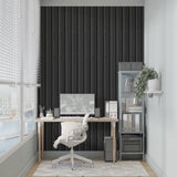 Industrial stripe wallpaper creating height in contemporary home office