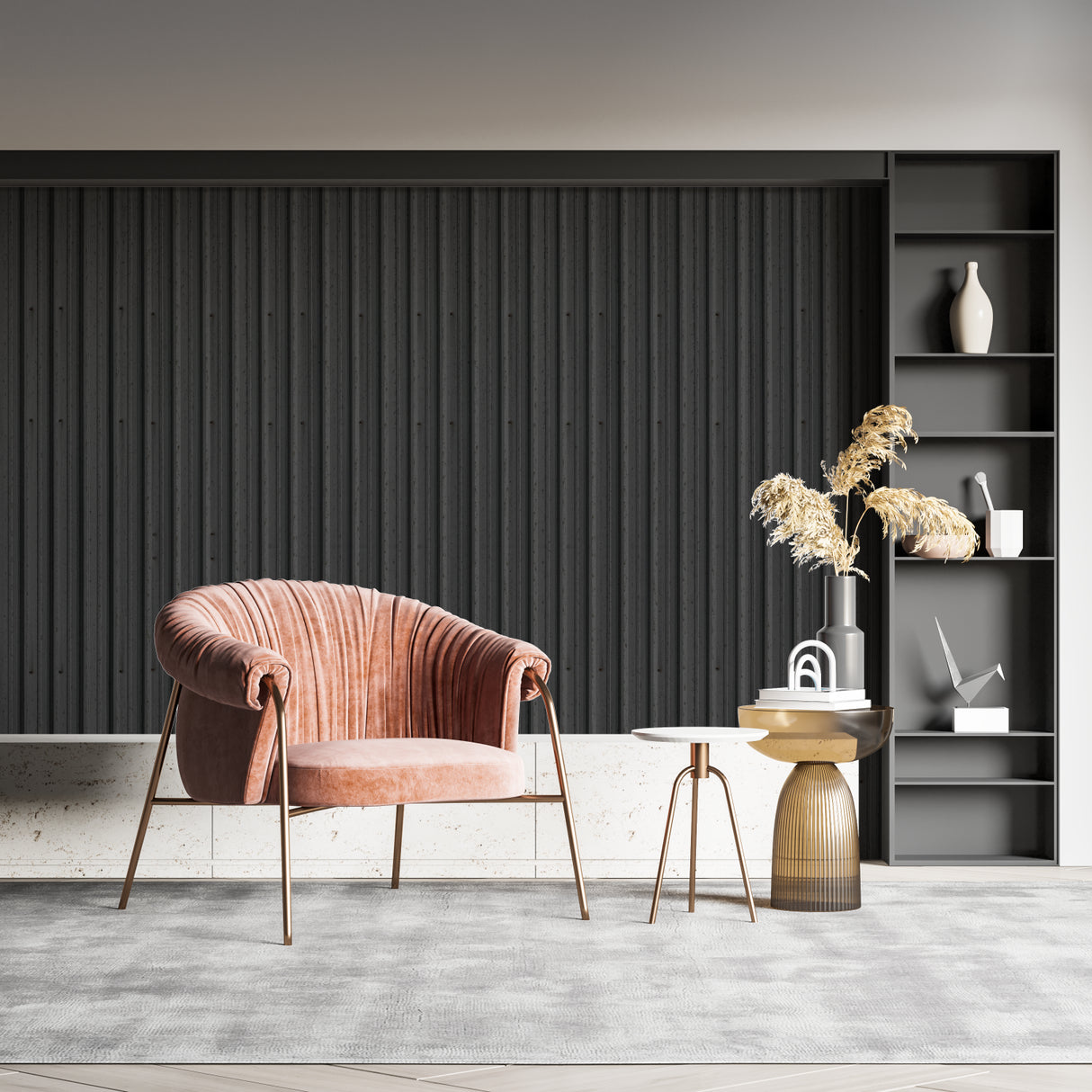 Black vertical stripe mural in modern dining room with statement lighting