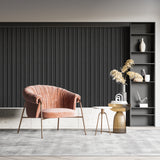 Black vertical stripe mural in modern dining room with statement lighting