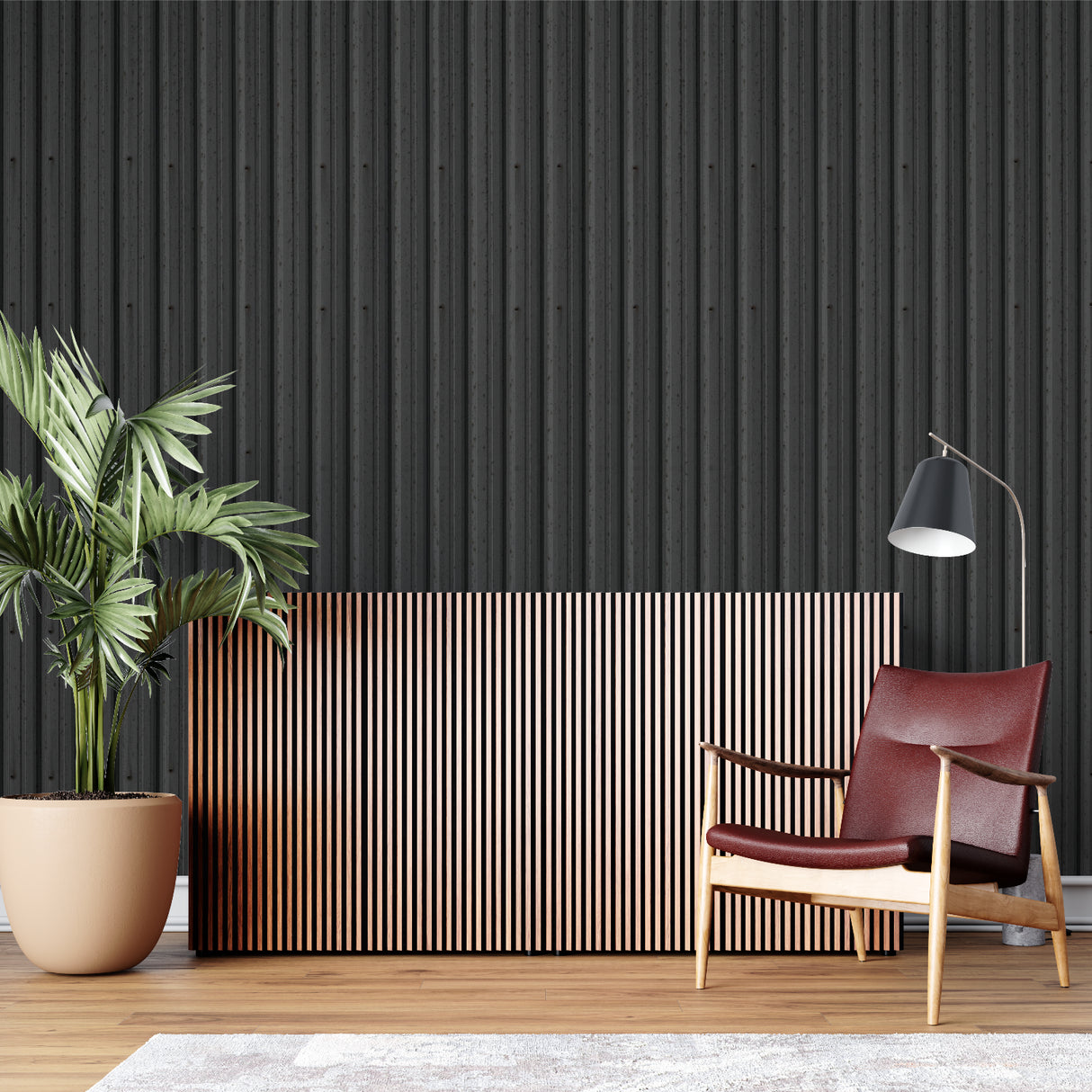 Industrial black wallpaper in urban loft hallway showing scale