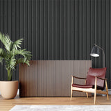Industrial black wallpaper in urban loft hallway showing scale