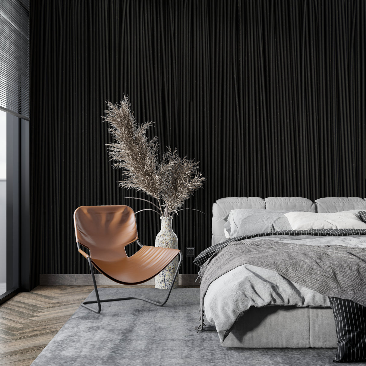Vertical wood pattern wallpaper creating height in an elegant dining room with modern chandelier