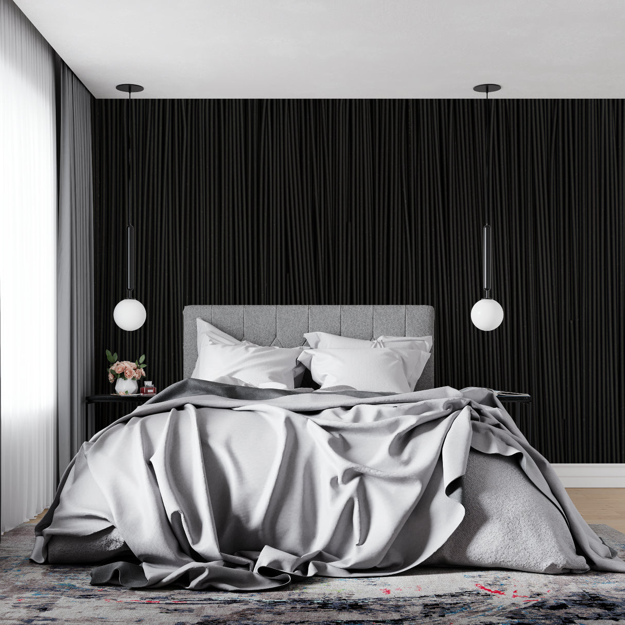 Modern office space featuring black wood grain wallpaper with ambient lighting