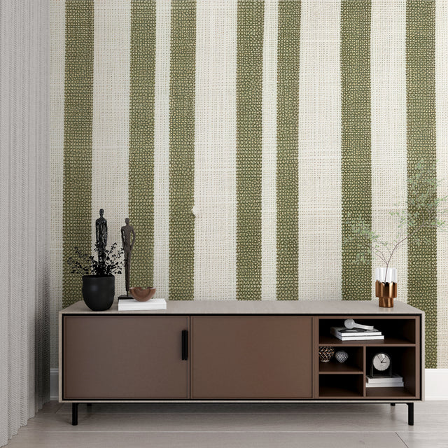 Green striped wallpaper in a bright modern living room, creating an airy and spacious feel