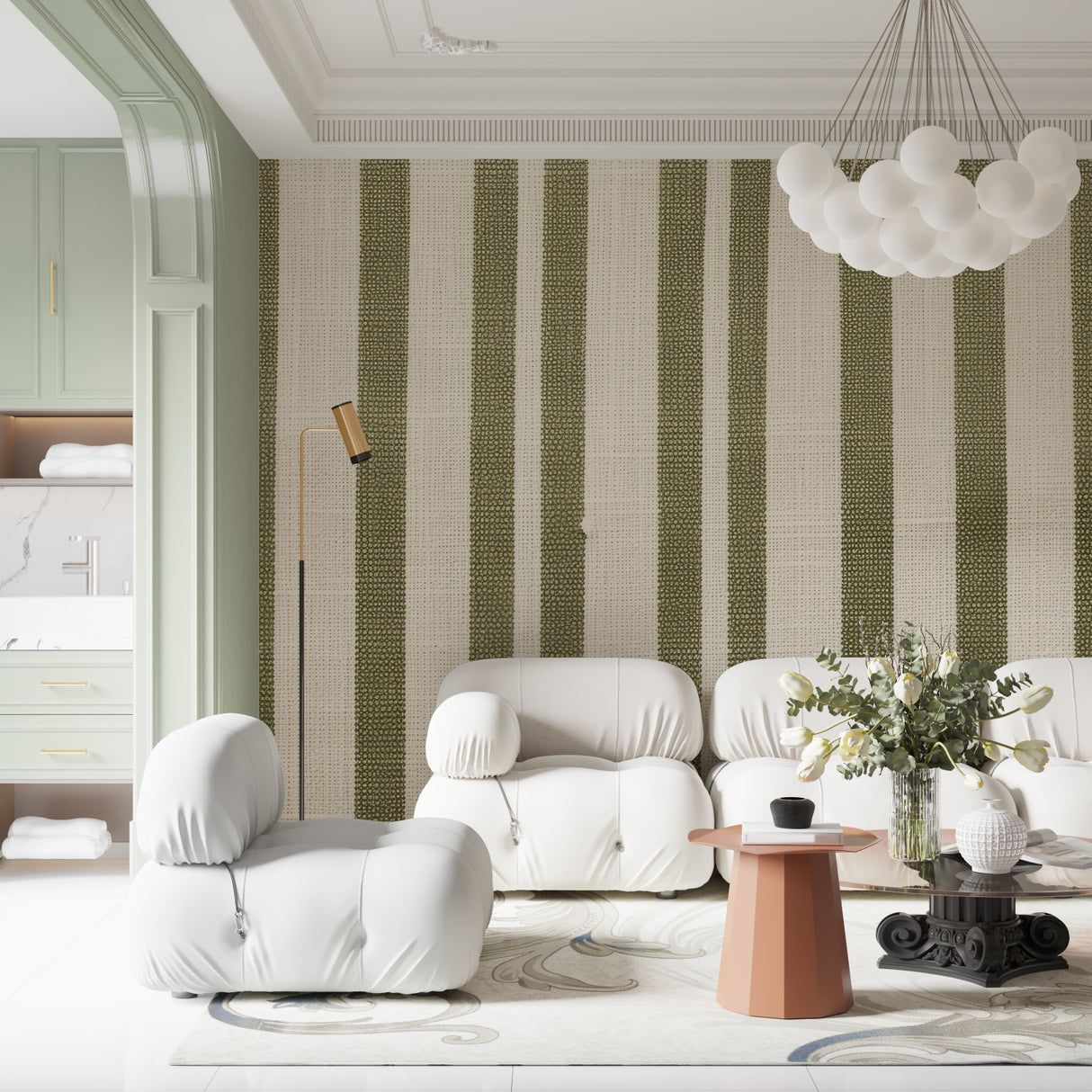 Green and white striped wallpaper in a minimalist bedroom setting