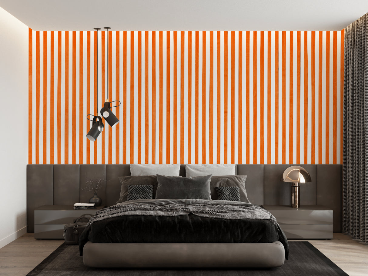 Modern orange striped wallpaper in a bright living room creating visual height and energy