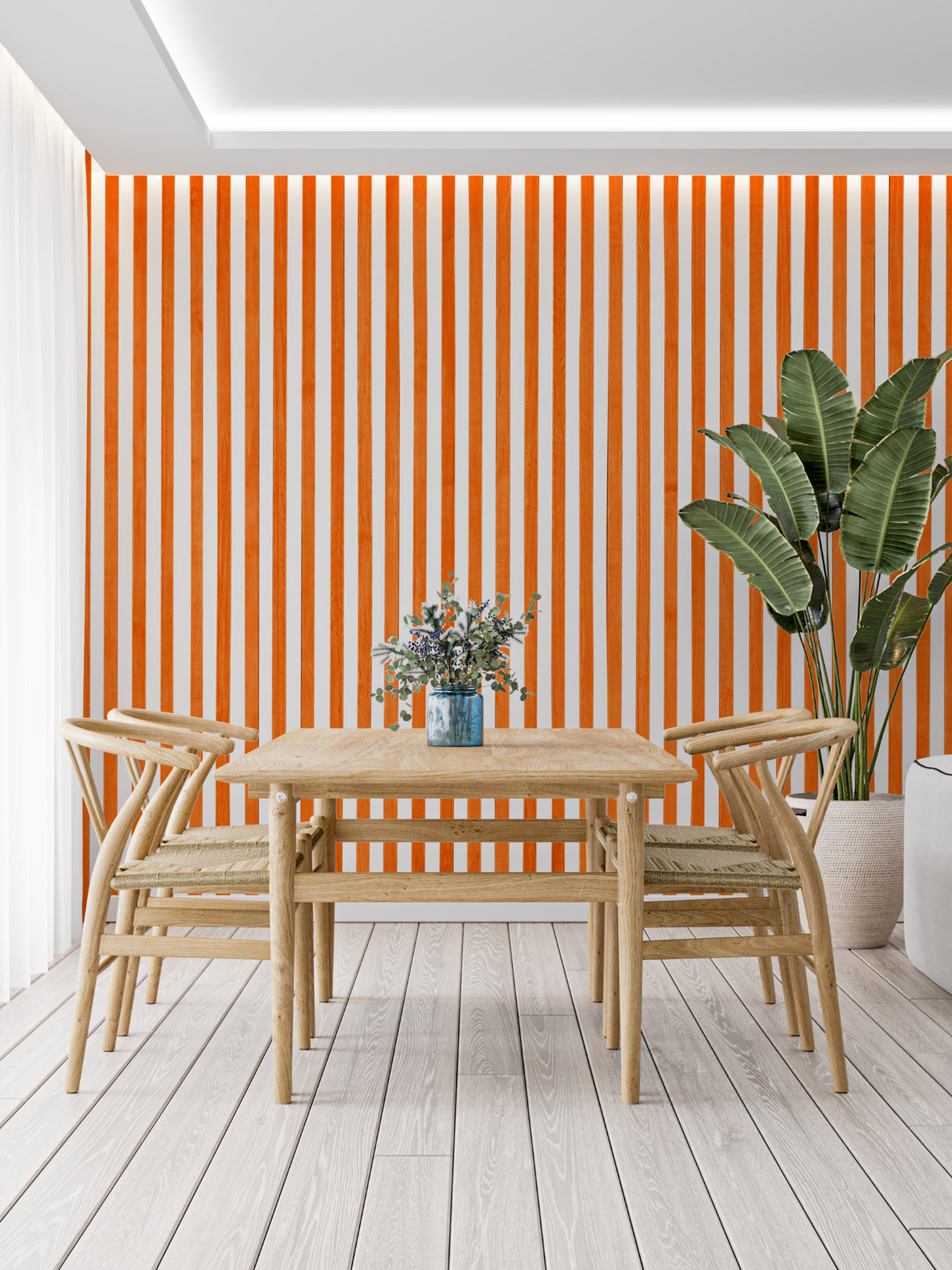 Orange and white vertical stripes making a home office look bigger and more organized