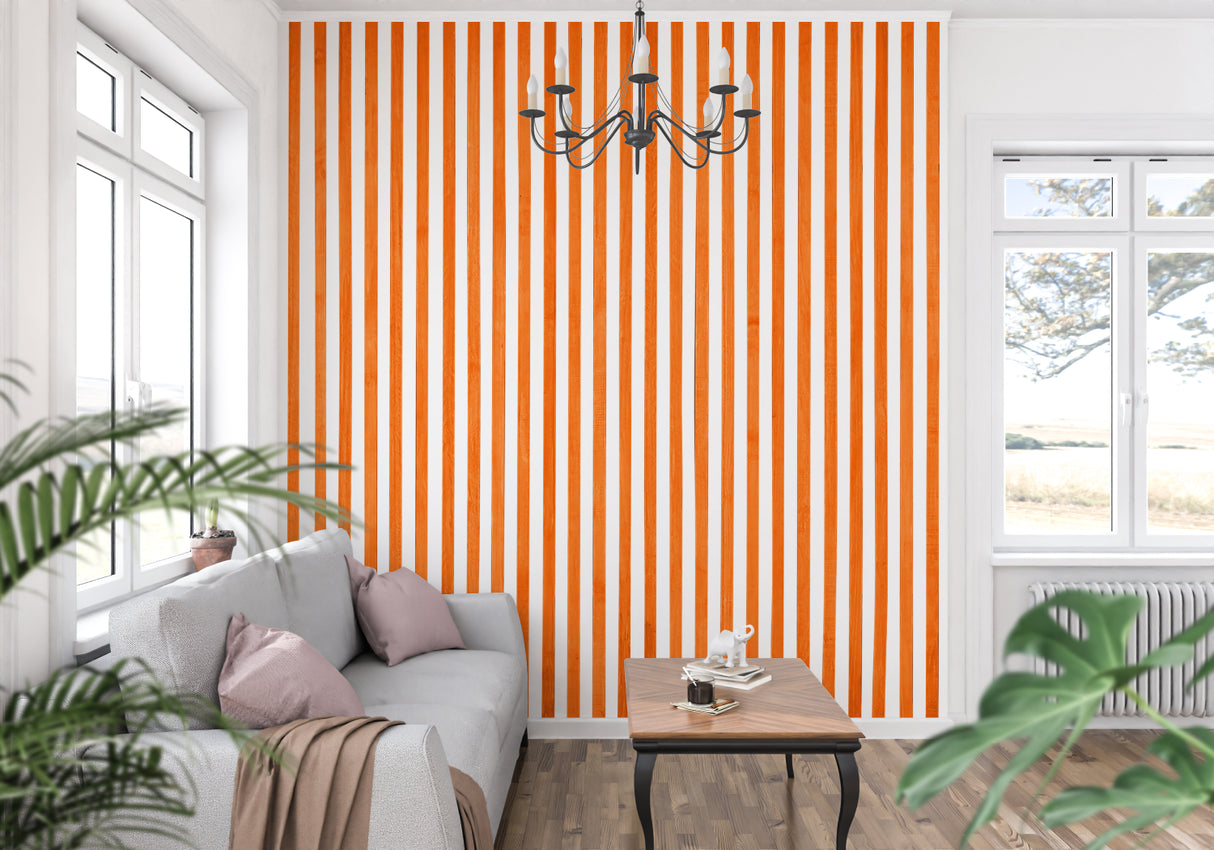 Striped wallpaper bringing modern style to a dining room with clean orange lines