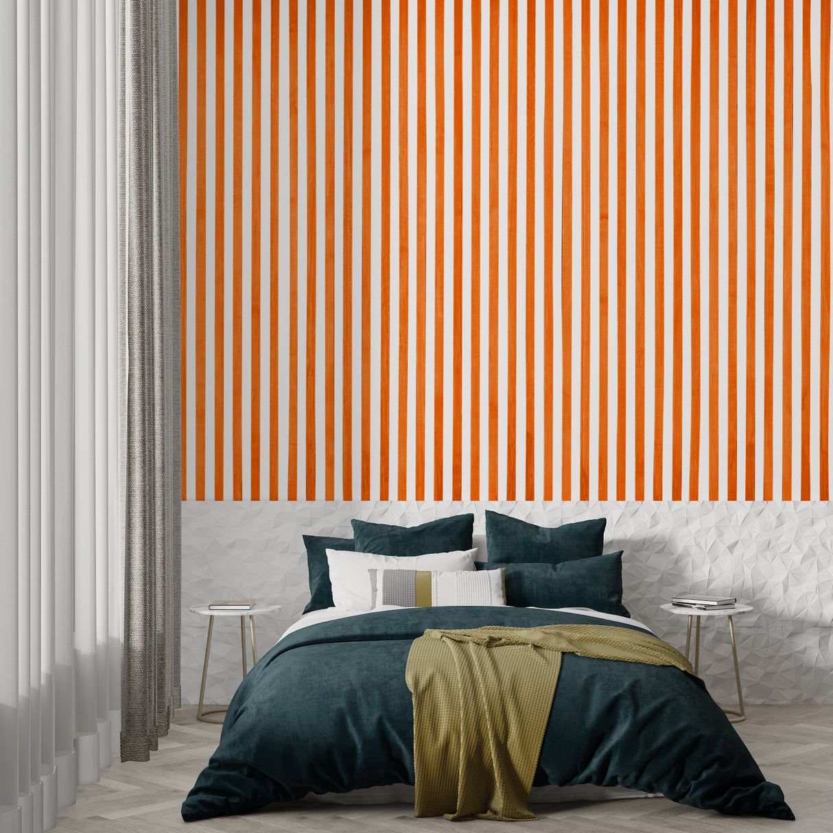 Vertical orange stripes adding energy to a modern bedroom space