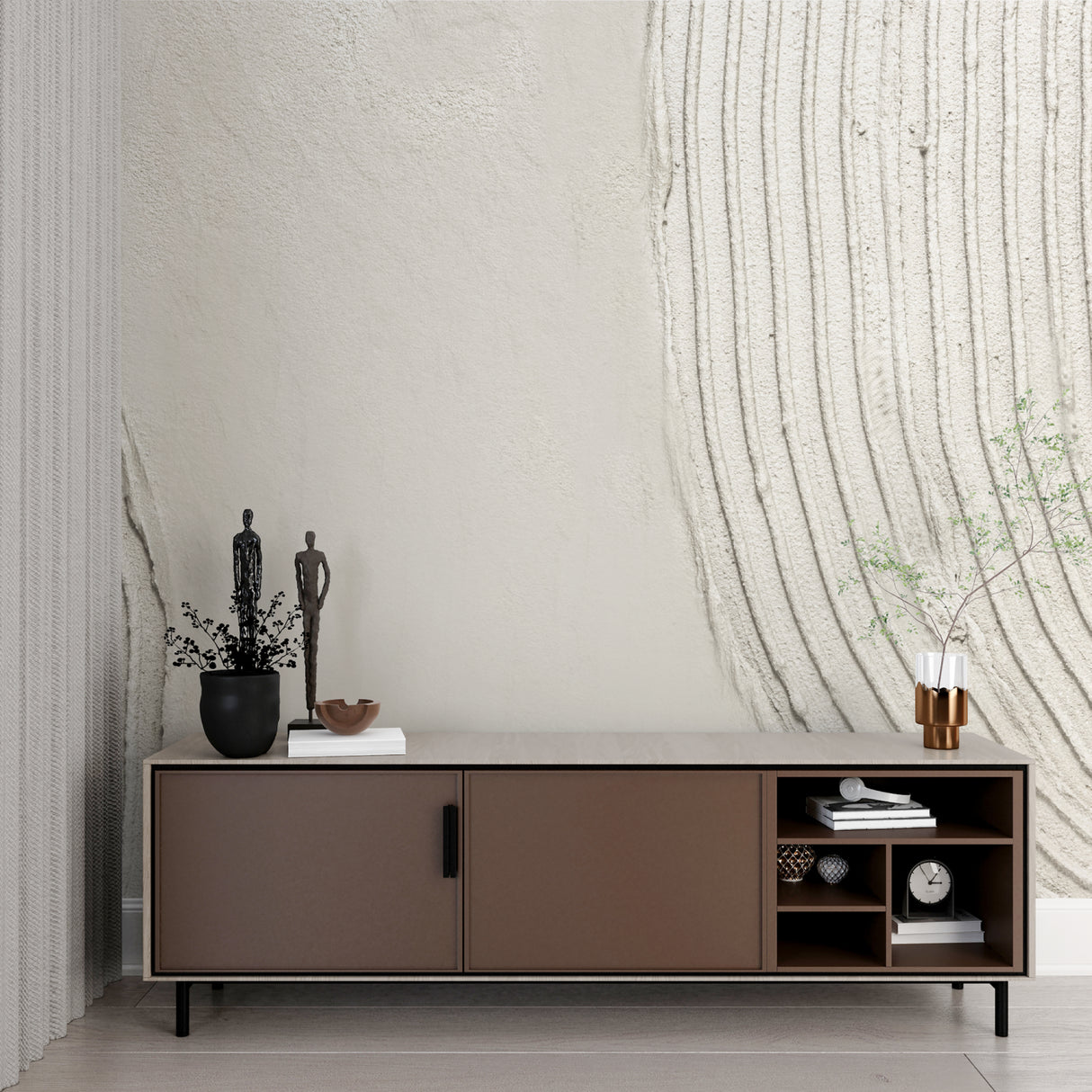 Textured stripe wall mural in contemporary bedroom creating height and depth