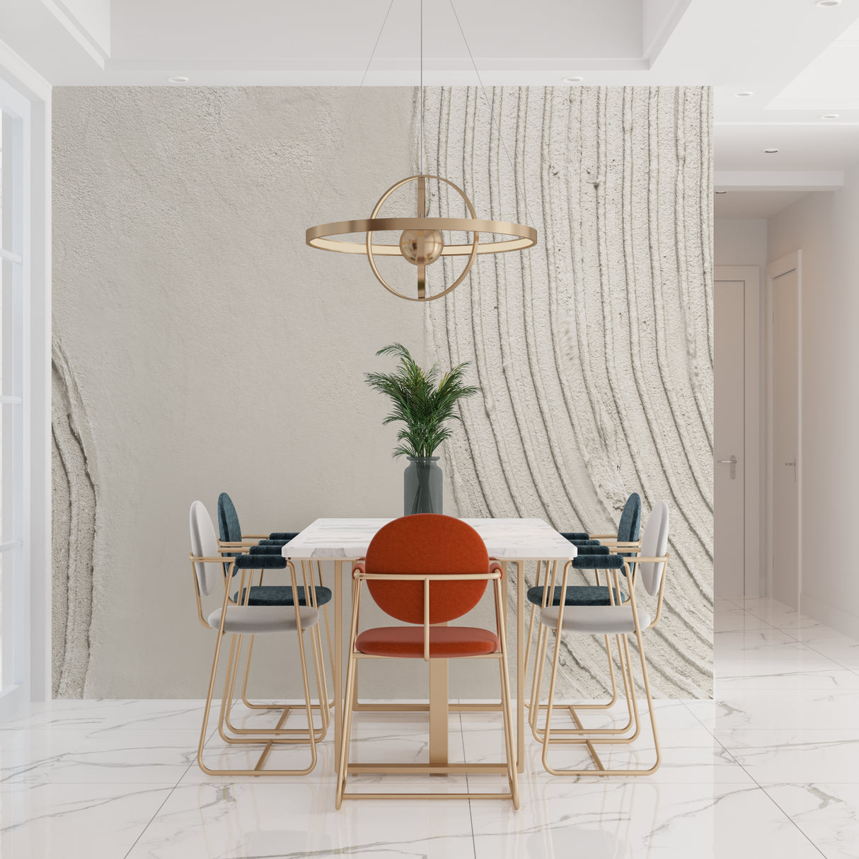 Linear wallpaper design in modern home office with clean lines and natural tones