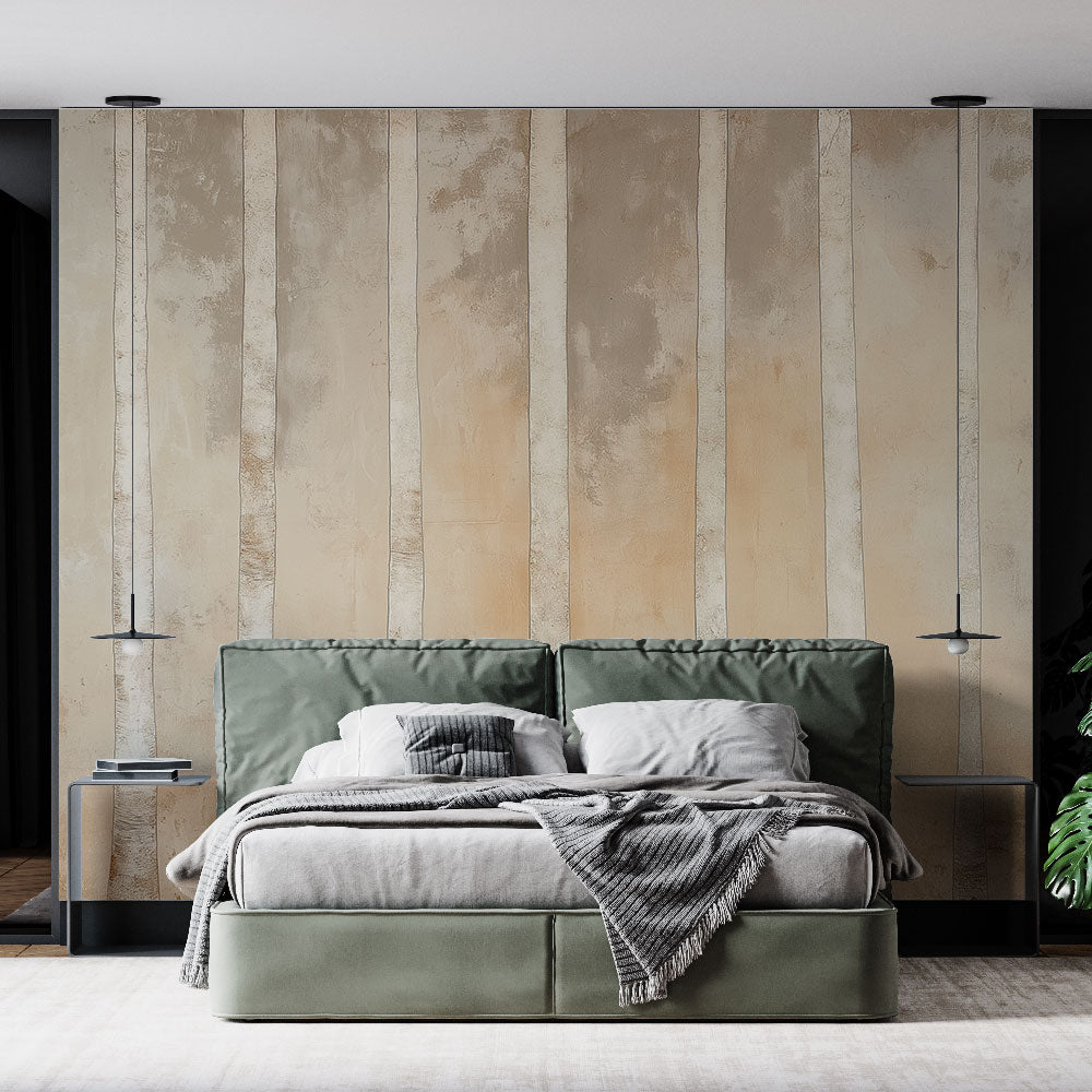 Beige striped wallpaper creating height in a modern living room with minimal furniture and natural light