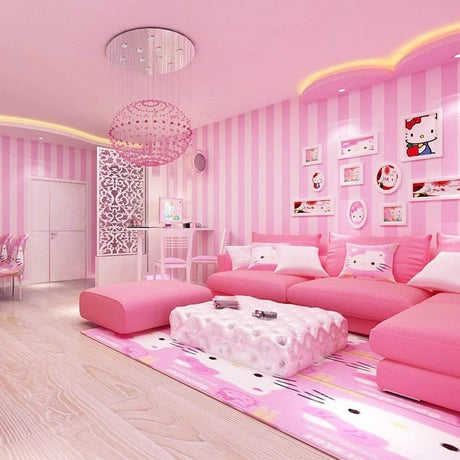 Pink striped wallpaper bringing height and elegance to a modern bedroom setting