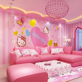 Pink stripe wallpaper making a home office feel spacious and fresh