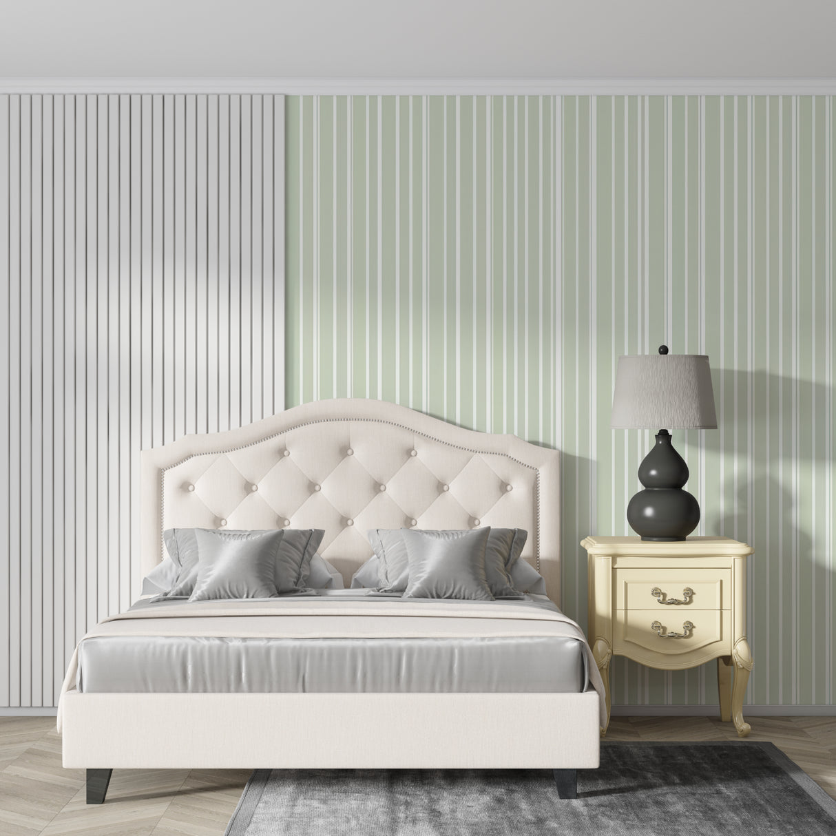 Green and white striped wallpaper in home office setting with natural light