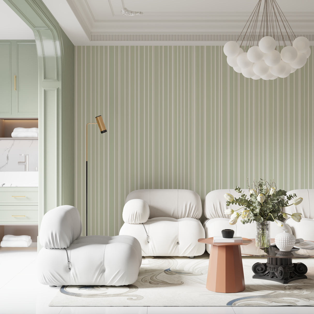 Vertical striped wallpaper in sage green making a bedroom feel taller