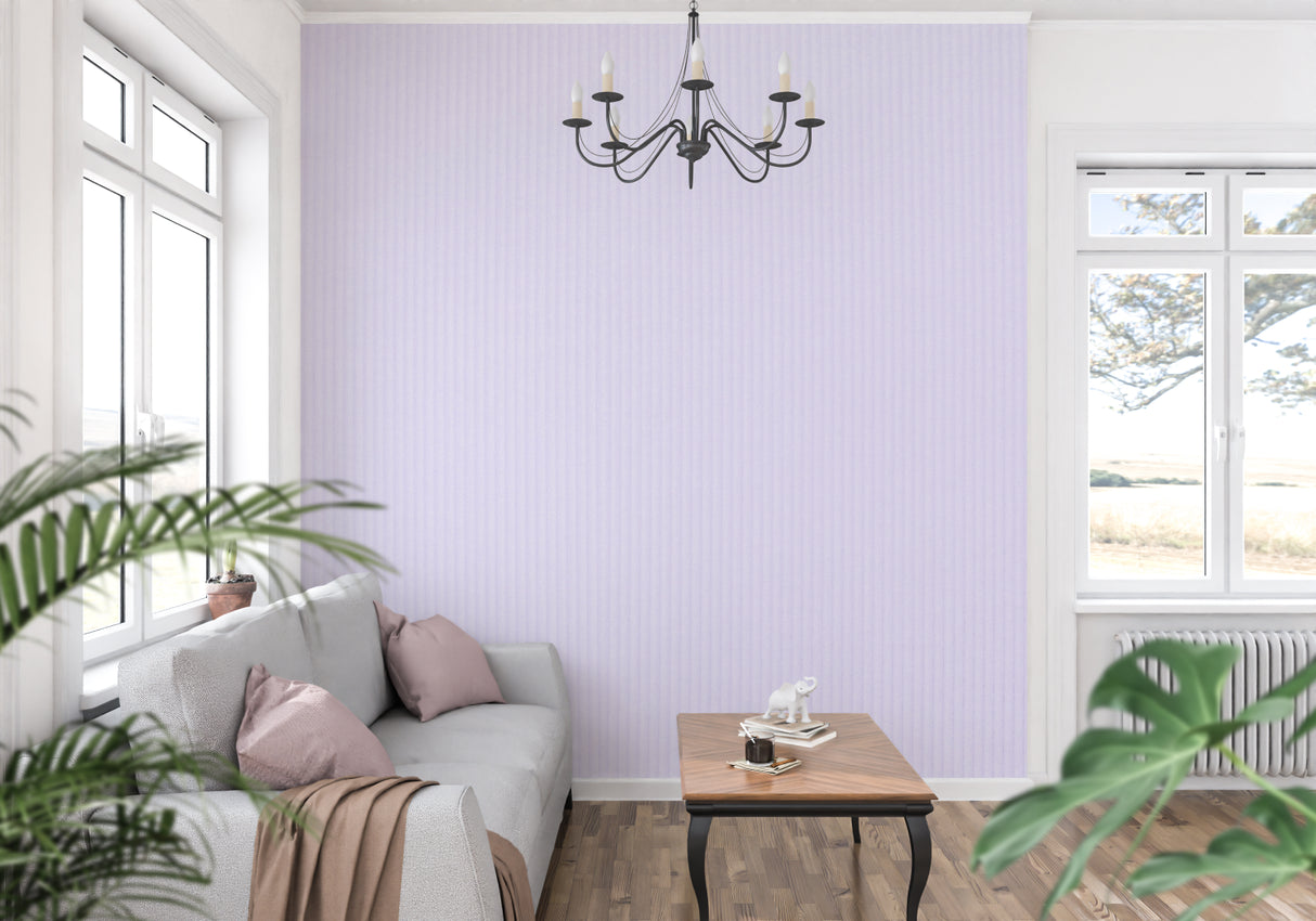 Purple striped wallpaper making a small living room appear larger and brighter