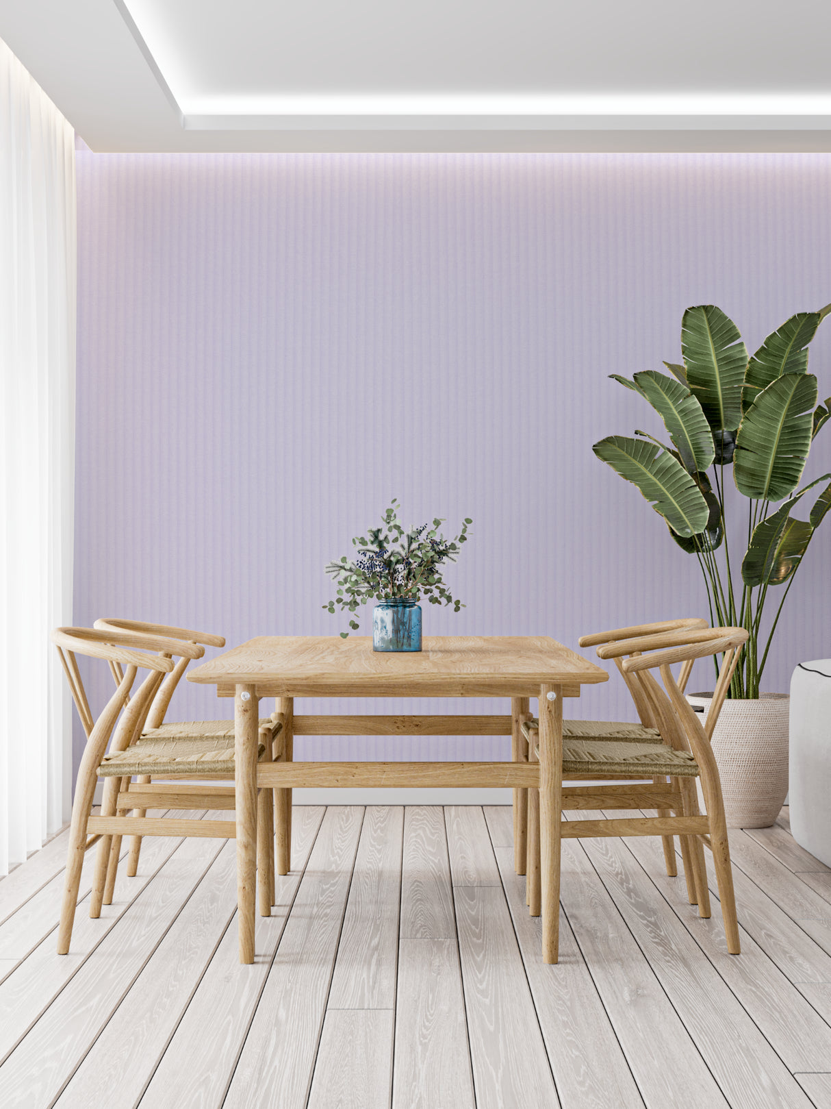 Vertical striped wallpaper creating depth in a minimalist hallway space