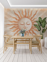 Terracotta sun wall mural creating a cozy atmosphere in a bedroom setting