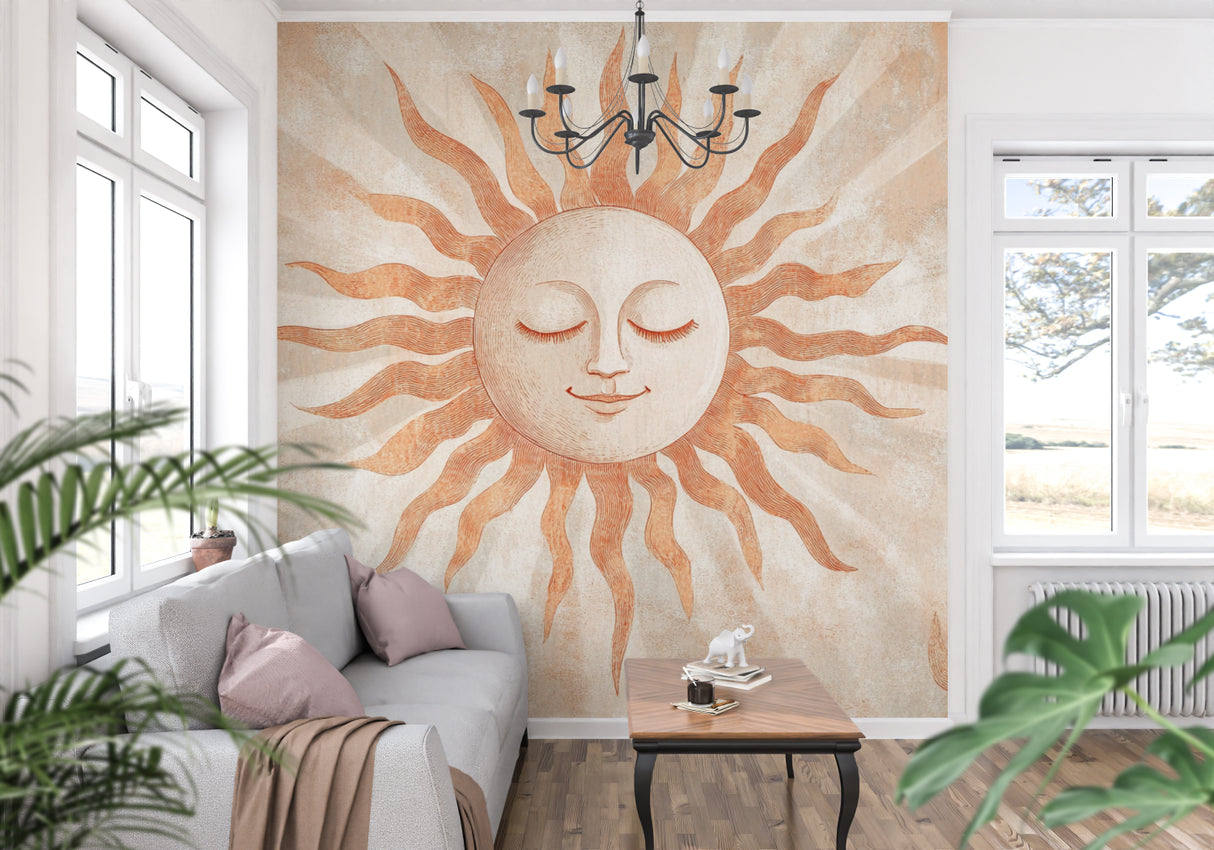 Sun celestial wallpaper making a statement in a minimalist dining room