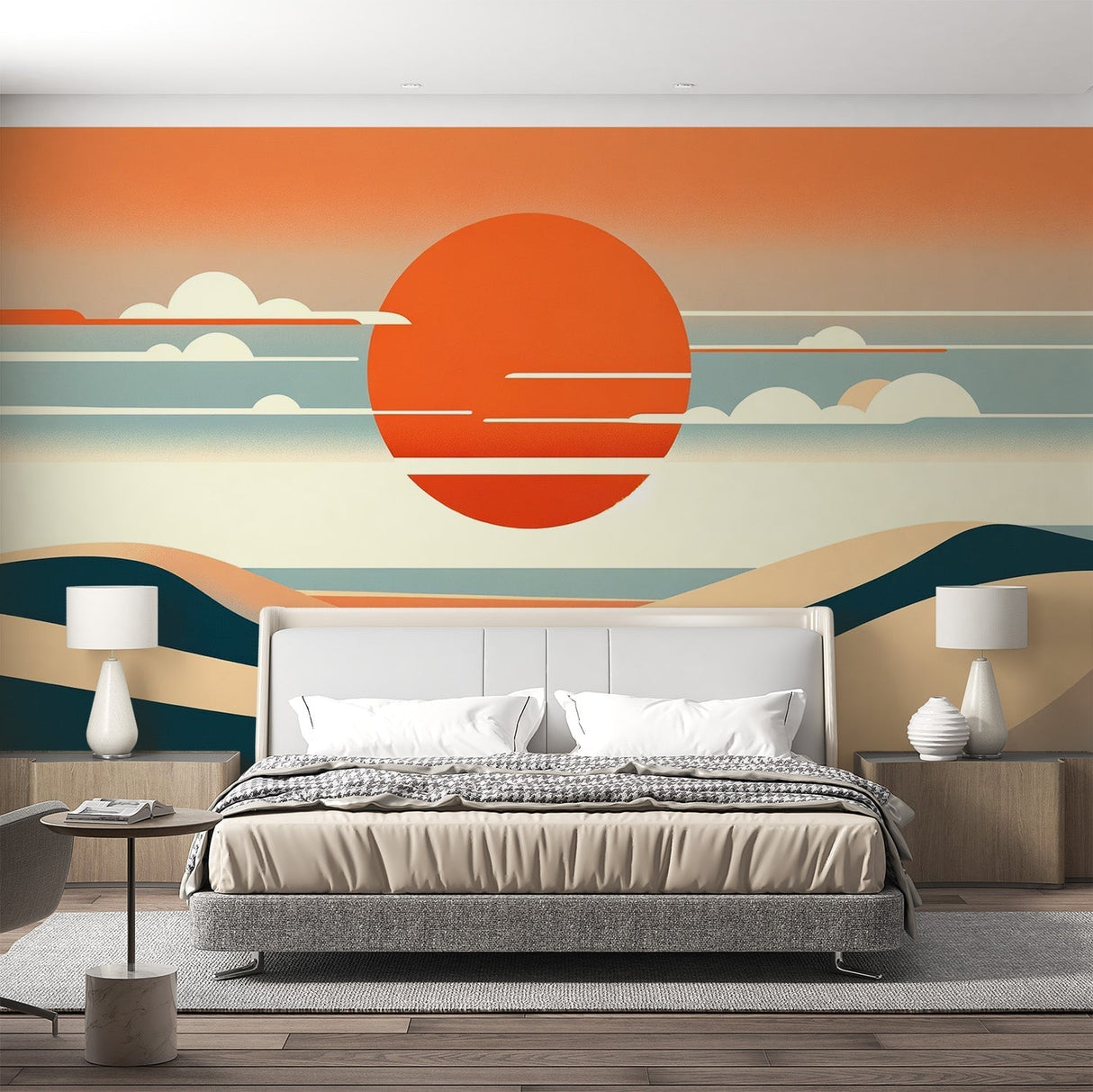 Modern sunset wallpaper creating a peaceful atmosphere in a minimalist living room with clean lines and natural light