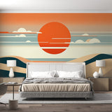 Modern sunset wallpaper creating a peaceful atmosphere in a minimalist living room with clean lines and natural light