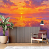 Sunset Mountain Lake Wallpaper creating a warm glow in modern living room with grey sofa