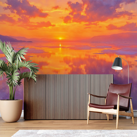 Sunset Mountain Lake Wallpaper creating a warm glow in modern living room with grey sofa