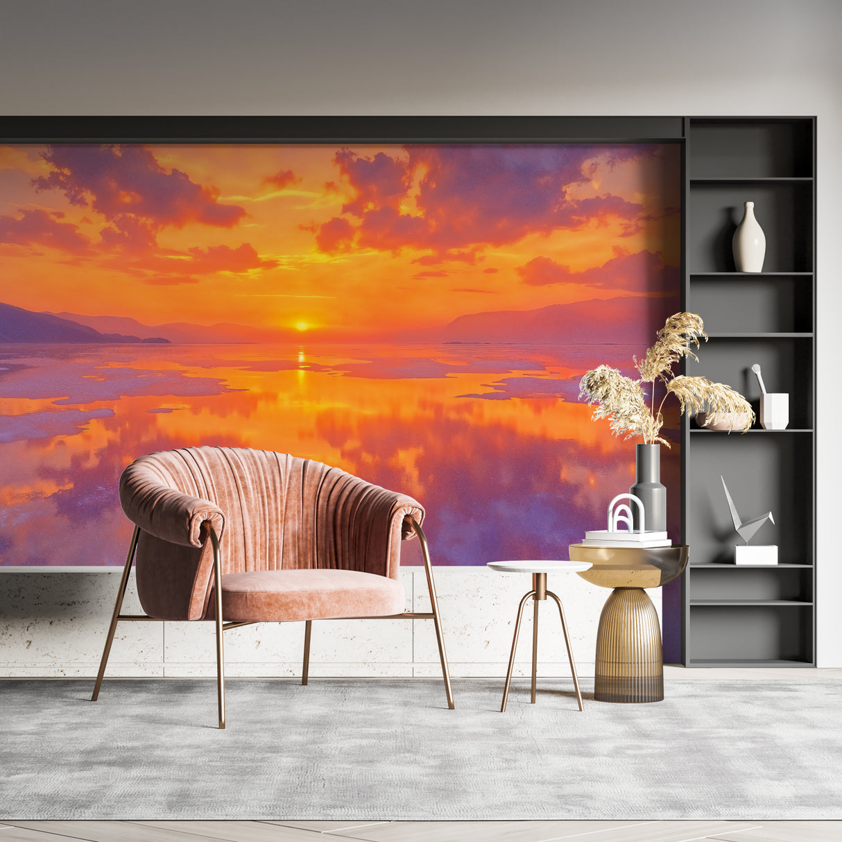 Mountain sunset wall mural transforming master bedroom with peaceful orange light