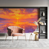 Mountain sunset wall mural transforming master bedroom with peaceful orange light