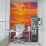Lake sunset landscape wallpaper in cozy dining room setting