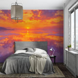 Orange sunset wallpaper creating depth in minimalist hallway