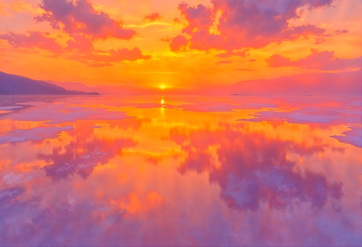 Mountain lake sunset design file showing full pattern with rich orange sky and reflections