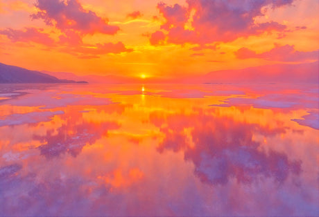 Mountain lake sunset design file showing full pattern with rich orange sky and reflections