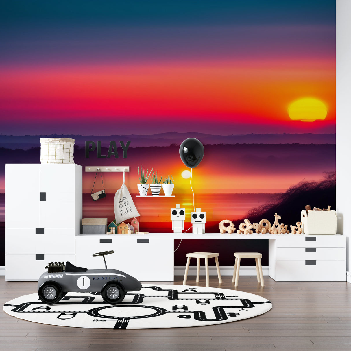 Two-sun sunset wall mural creating depth in home office space