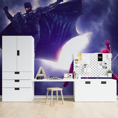 Superhero wallpaper mural featuring Batman and Spiderman in modern gaming room with LED lighting